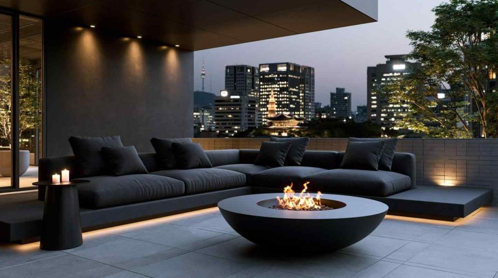 Fire pit garden seating with city view