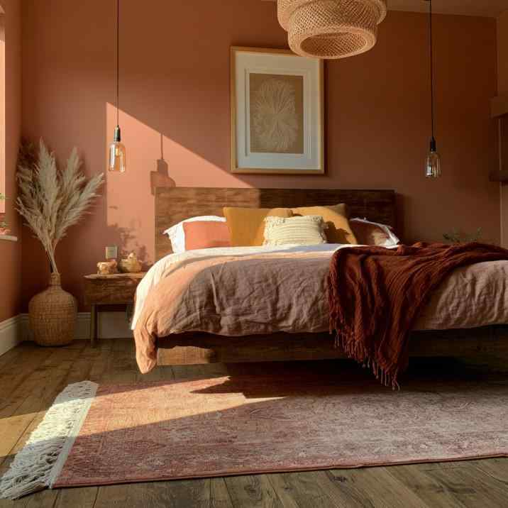  Floating bed design in warm terracotta bedroom