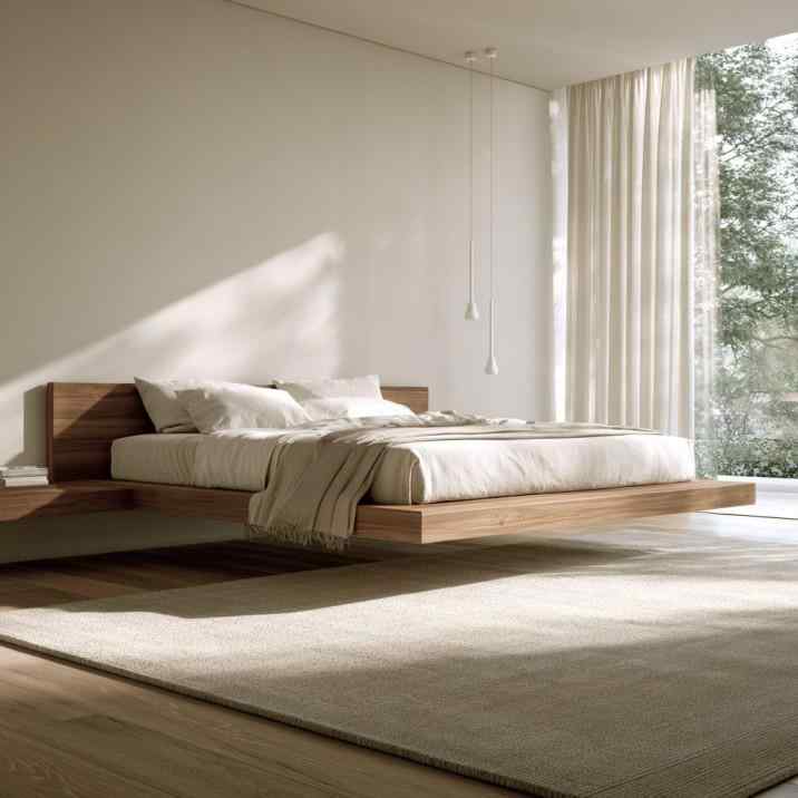  Floating bed design in plain white bedroom