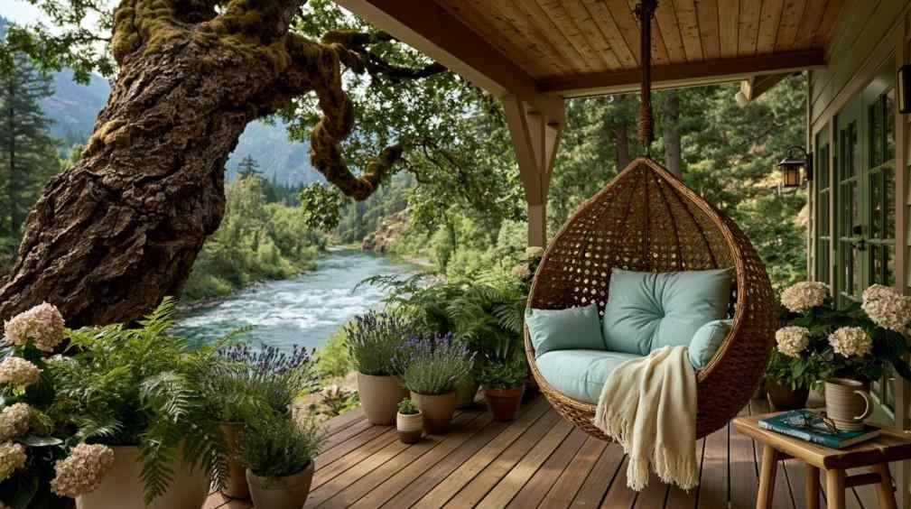  Hanging garden swing seating by river view
