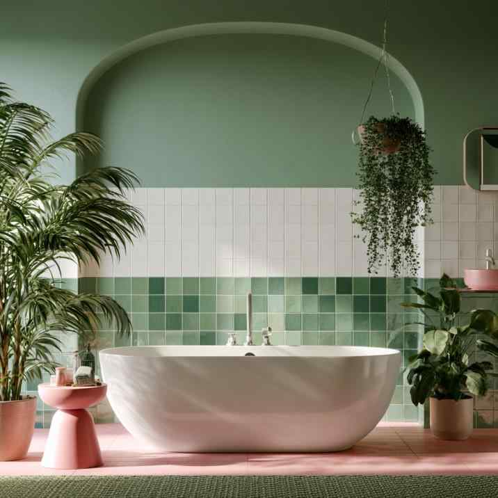 Green modern bathtub tile design with indoor plants