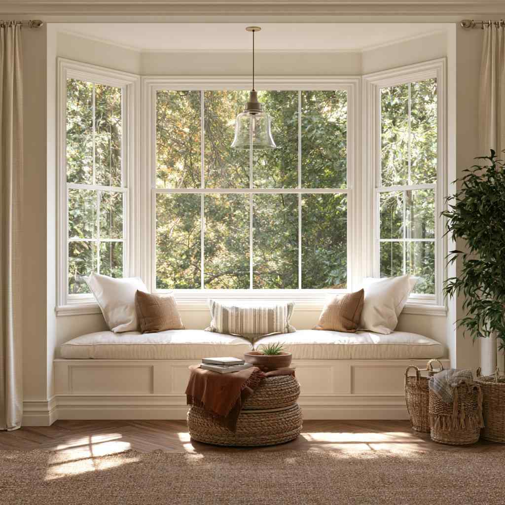  Bay window design idea with cushioned seating nook