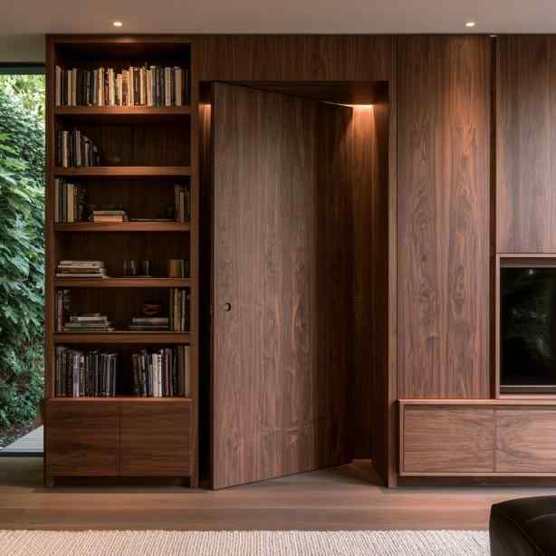Bookshelf hidden door design in wooden panelling