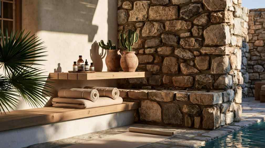 Built-in stone bench poolside garden seating