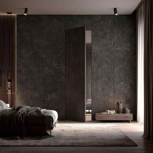  Concealed hidden door design in textured bedroom wall
