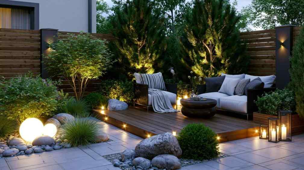 Corner garden seating with cushions and lighting