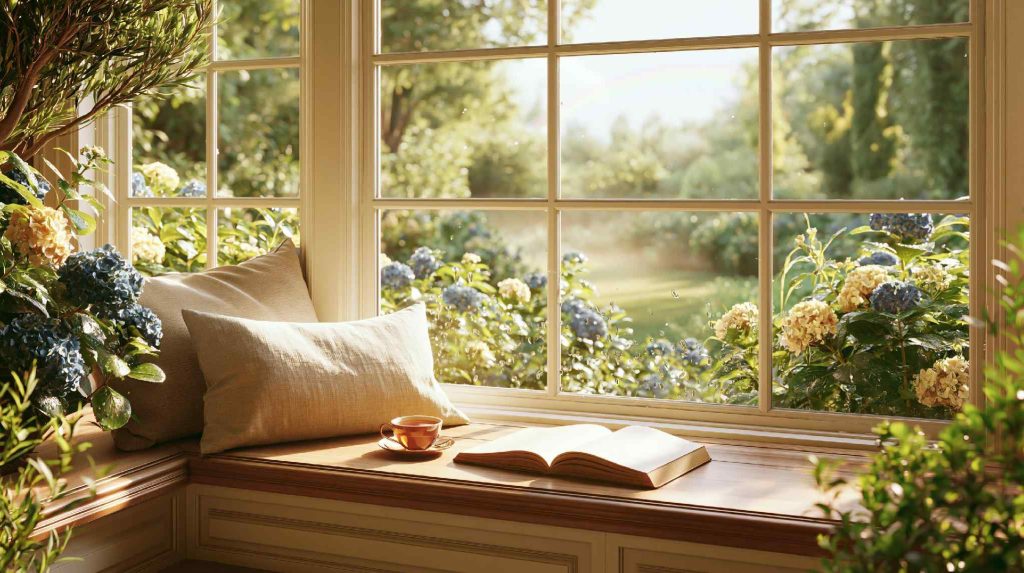 Window seat reading corner decor idea with cushions