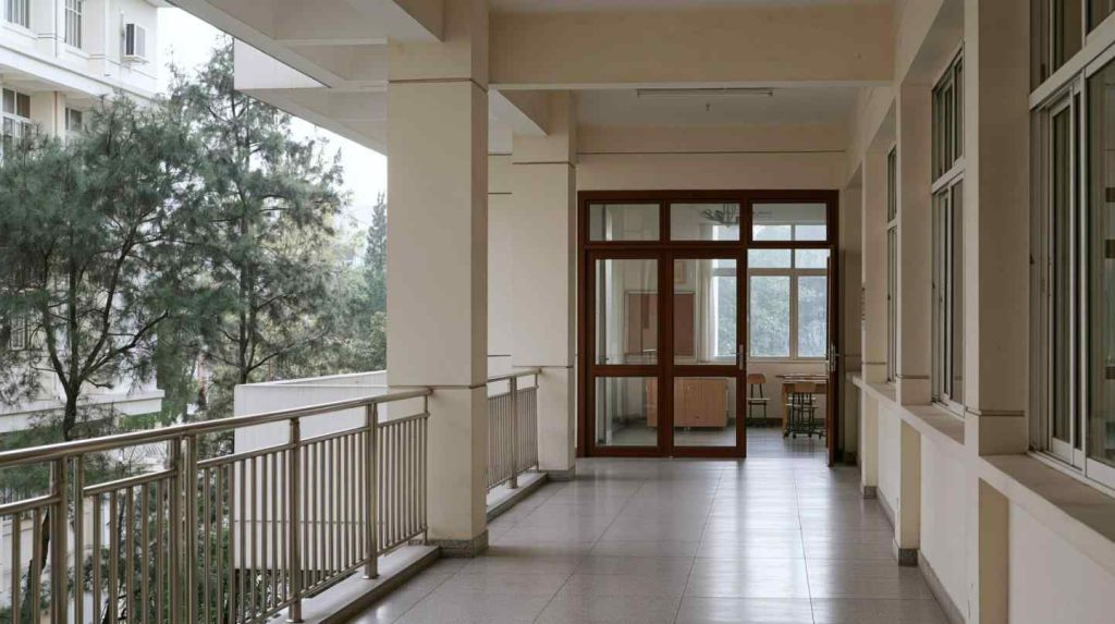 Balcony flooring design on covered tiled corridor