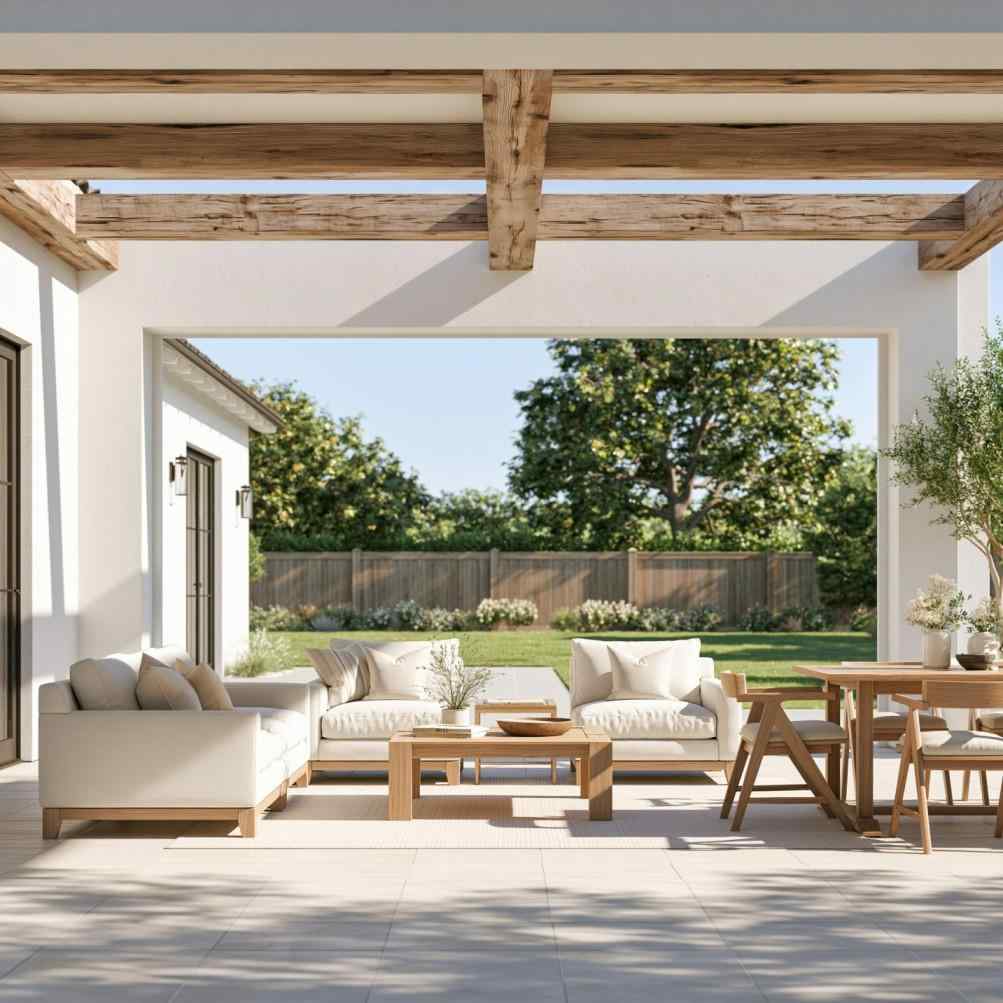 Balcony flooring design with large-format tiles on patio