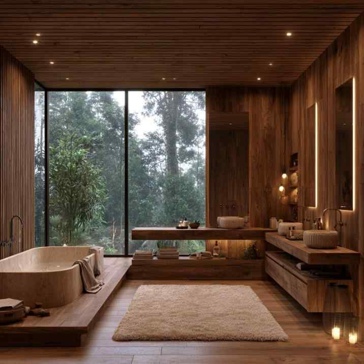 Wooden bathroom design with forest view