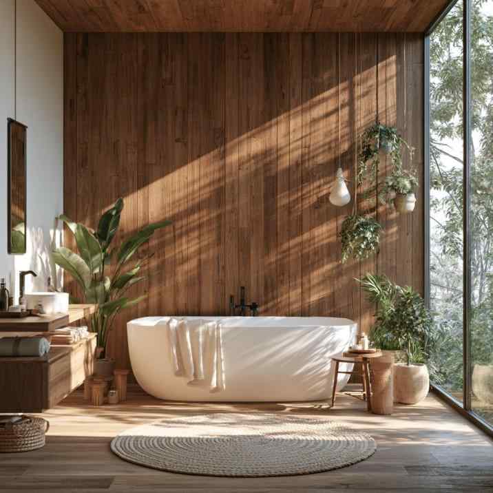  Wooden feature wall with white bathtub