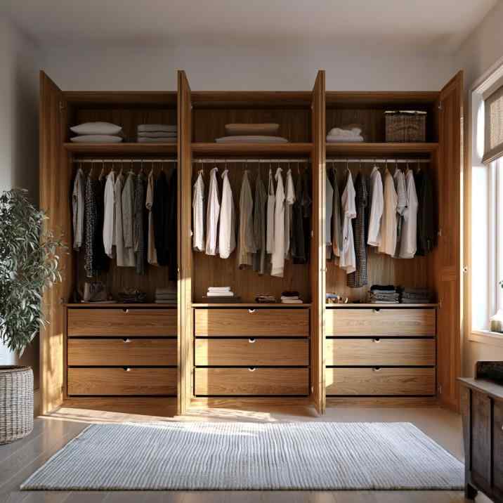 Wooden 3-door wardrobe inside design with drawers