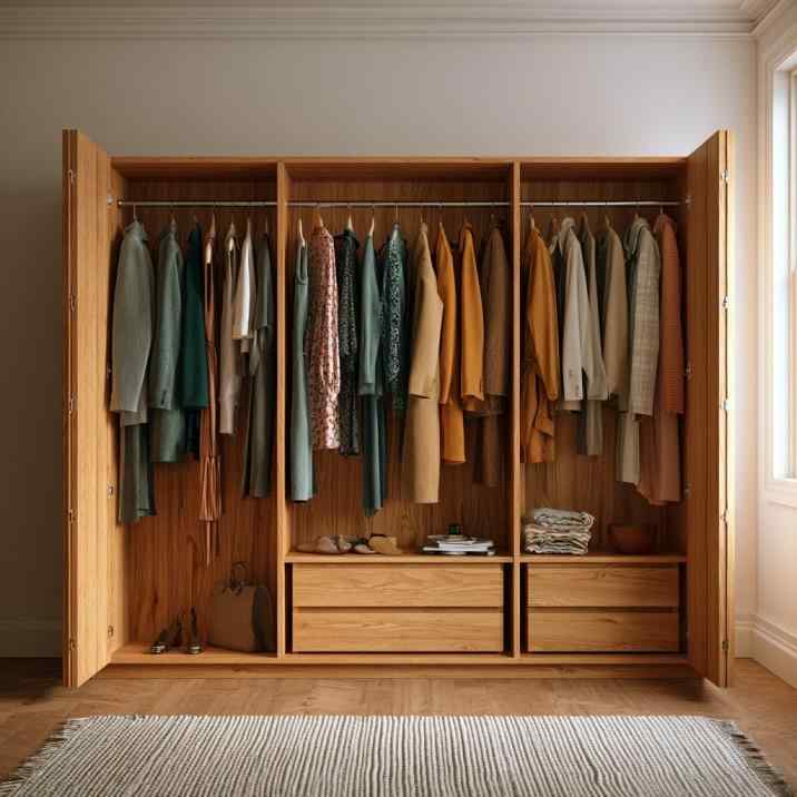 Wooden wardrobe inside design with hanging and drawers