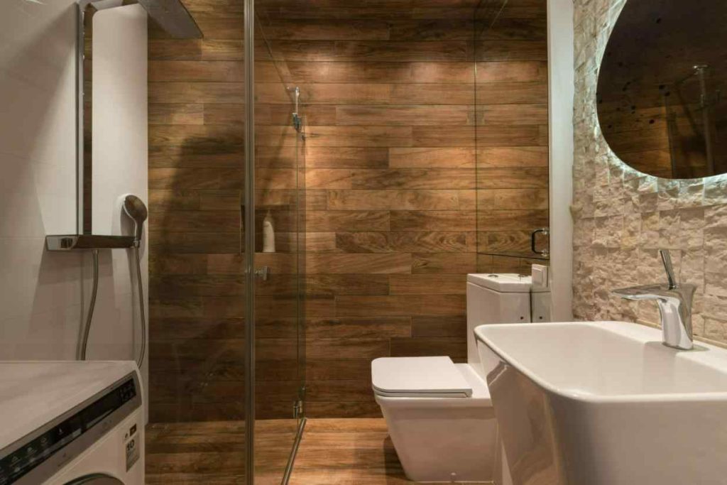 Wood-look tile shower wall in bathroom