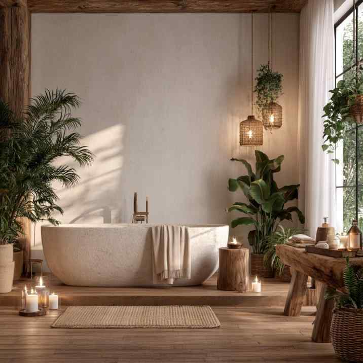 Spa-style wooden bathroom with stone freestanding tub