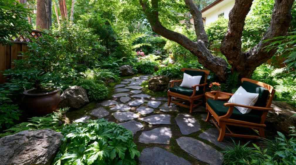  Garden hack stone path with lush greenery