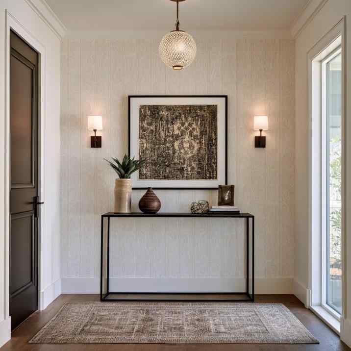 Subtle pattern entryway wallpaper console table