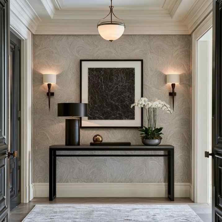 Textured grey entryway wallpaper accent wall