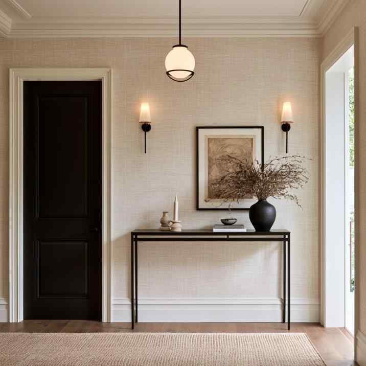 Grasscloth textured entryway wallpaper black door