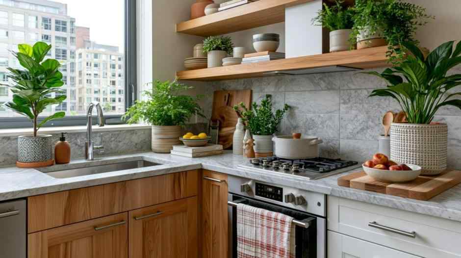 Unusual kitchen design with marble backsplash and open shelving