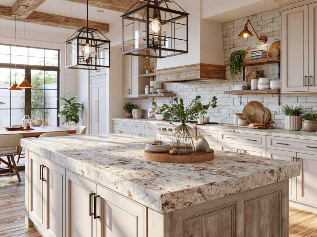  Unusual kitchen design with dramatic marble island