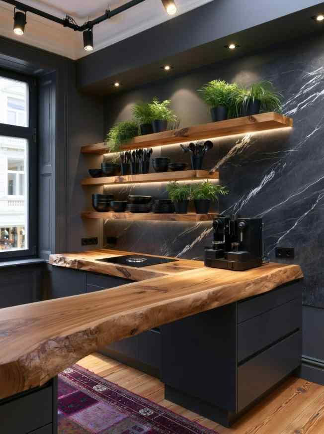 Unusual kitchen design with open wood shelving and marble