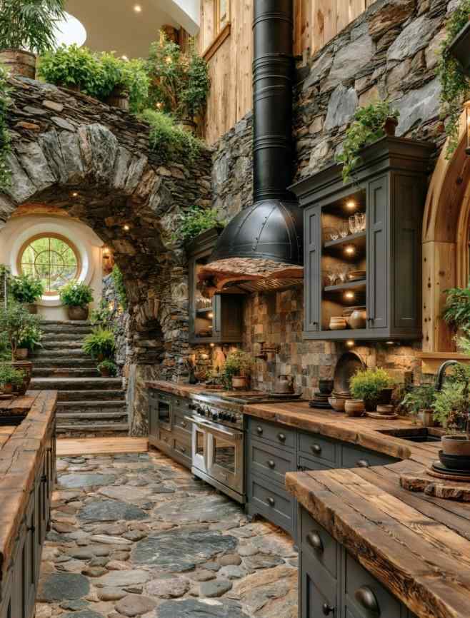 Unusual kitchen design with rustic stone and wood