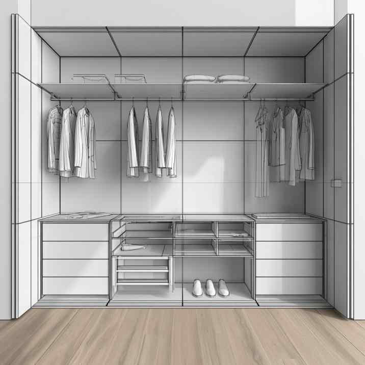Wardrobe inside design layout with shelves and shoe storage