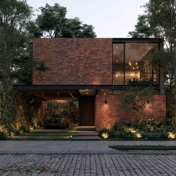 Modern outdoor brick wall design façade with lighting