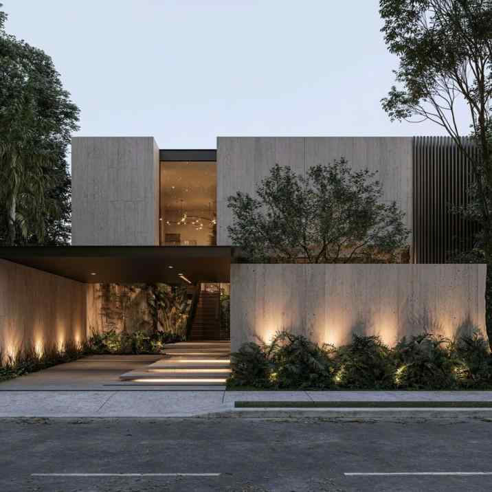 Modern outdoor wall design with concrete and entrance lighting