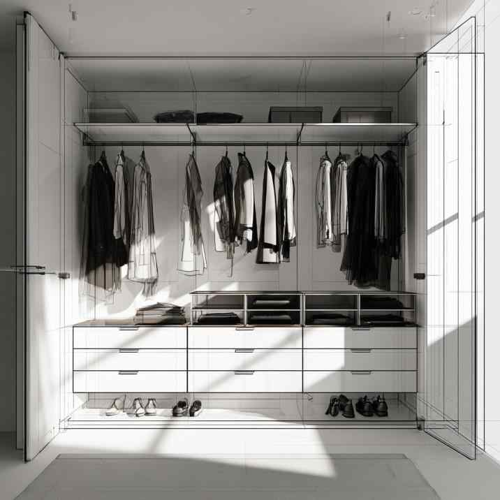 Modern wardrobe inside design with drawers and shoe rack
