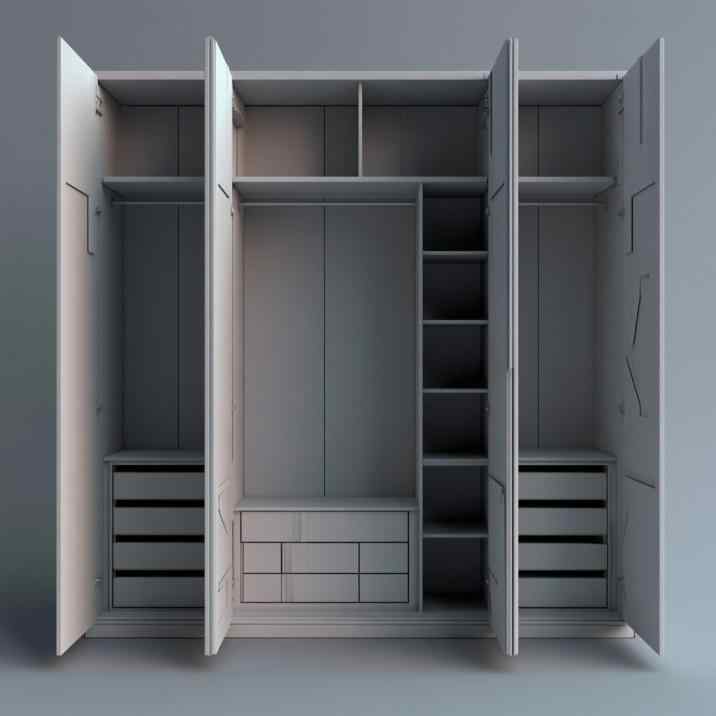 Modern wardrobe inside design with shelves and drawers