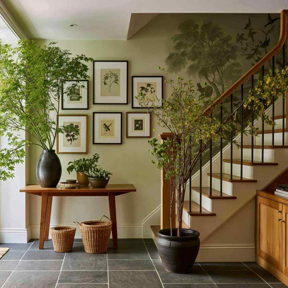 Mural entryway wallpaper staircase foyer design