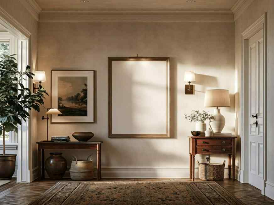 Neutral entryway wallpaper wall with framed art