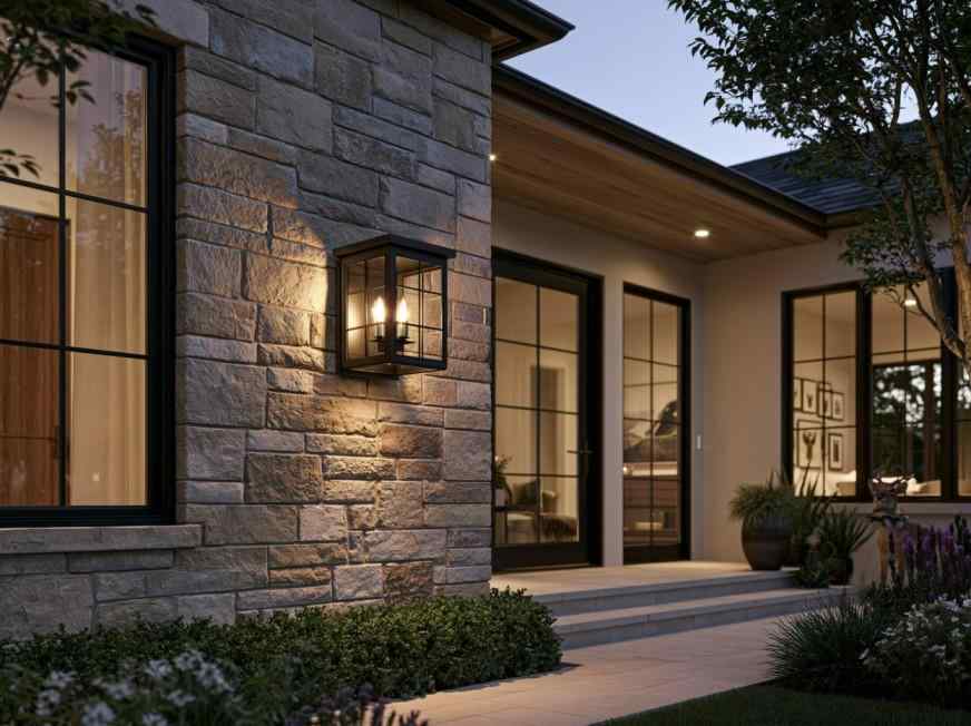 Outdoor stone wall design with porch and lantern