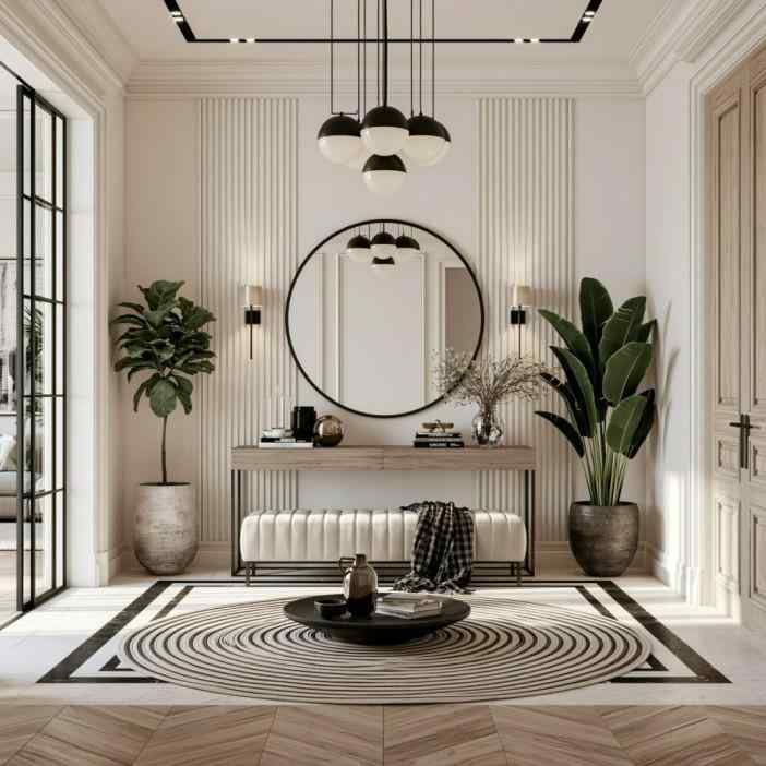 Panelled entryway wallpaper design round mirror