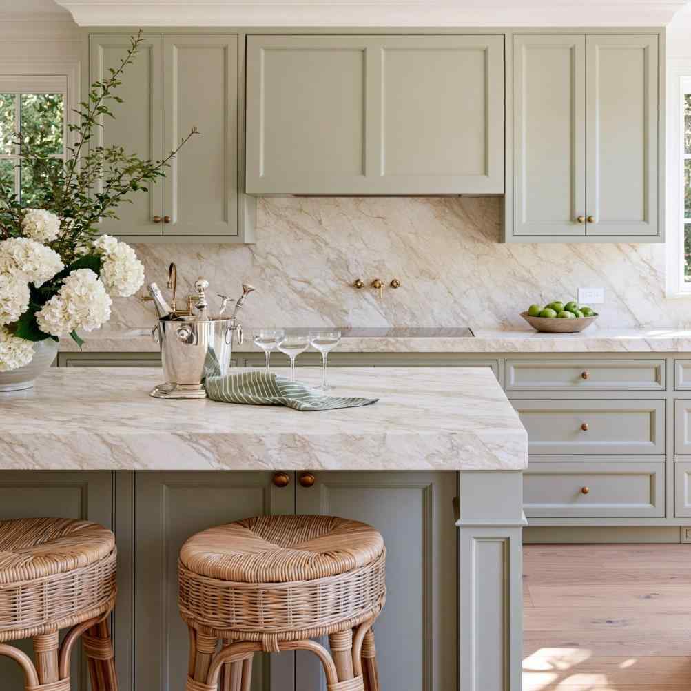Sage shaker kitchen cabinet door designs with marble