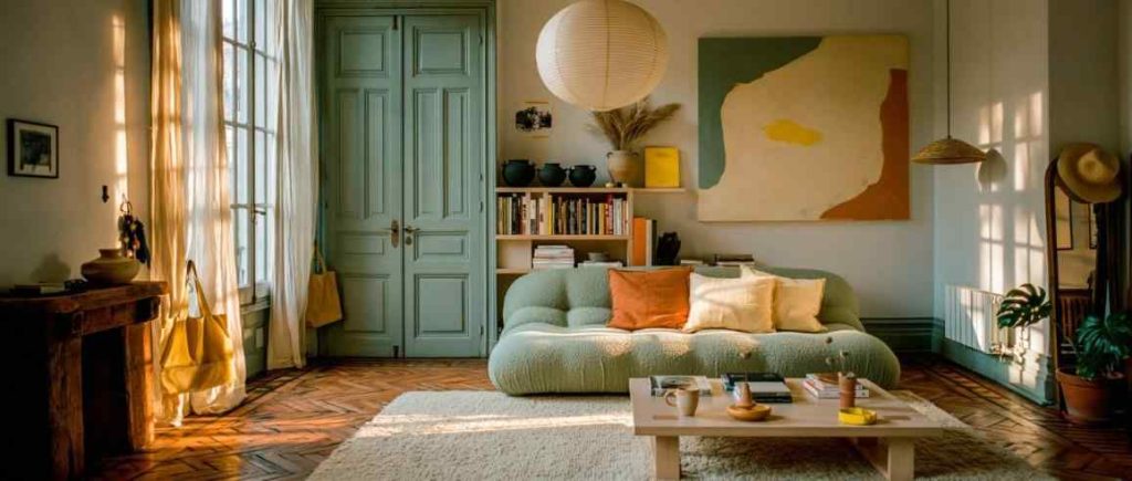 Warm white and sage green living room