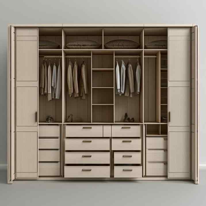  4-door wardrobe inside design with full storage layout