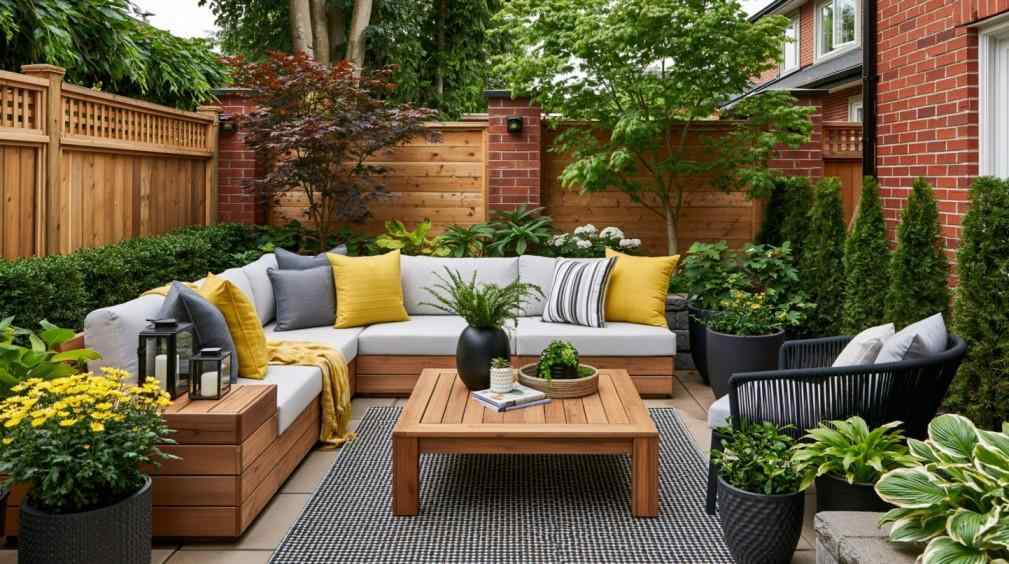 Backyard garden seating with potted plants