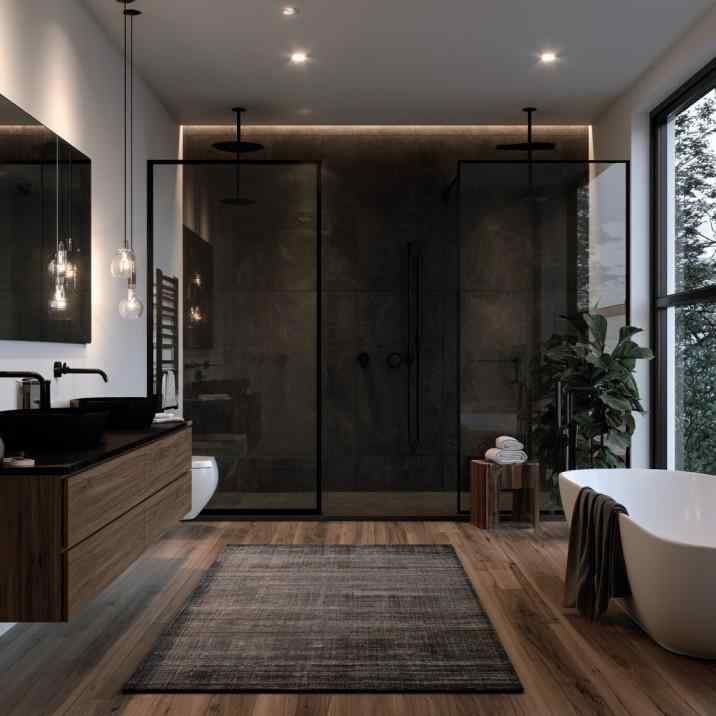 Black white and wood bathroom with tub