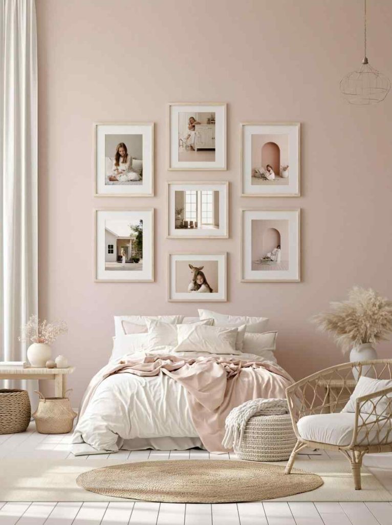 Cosy bedroom ideas with blush pink gallery wall