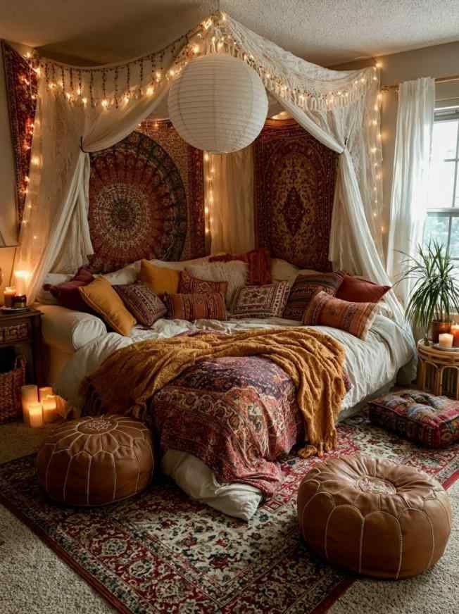 Cosy bedroom ideas with warm boho textiles