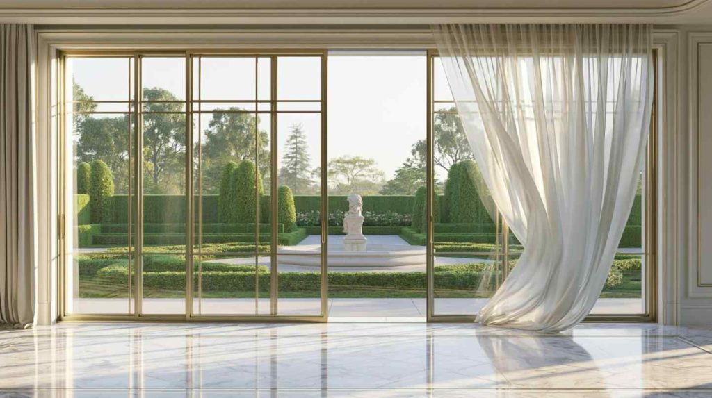 Sheer door curtain design with garden view