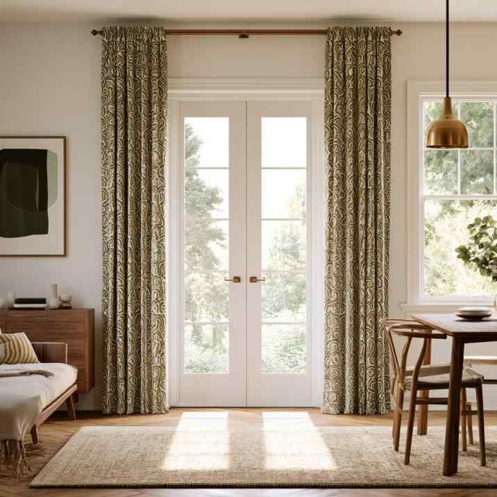 French door curtain design with patterned drapes