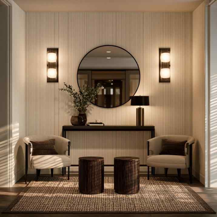 Striped geometric entryway wallpaper foyer seating