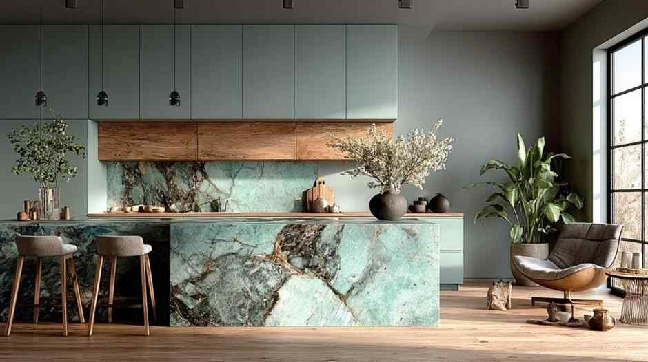 Green kitchen cabinet door designs with marble island