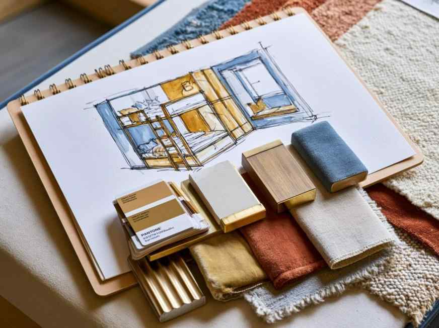 Fabric and paint swatches for colour palette