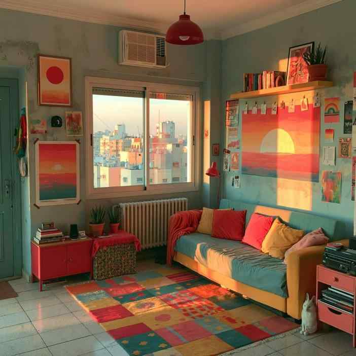 Multiple bold colours in cluttered room