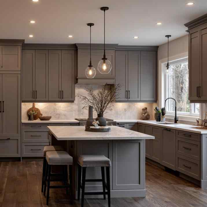  Warm grey kitchen cabinets colour combination
